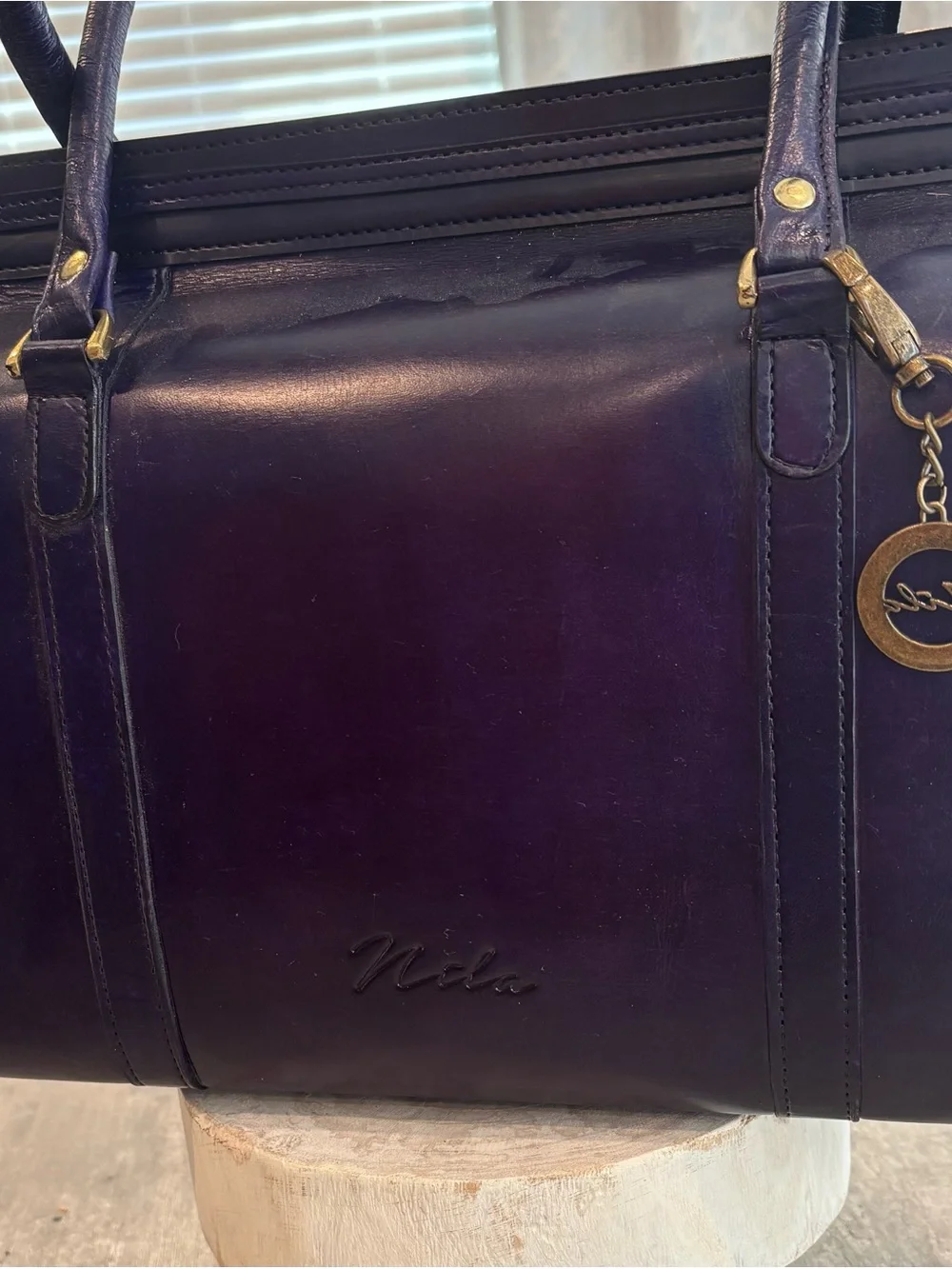 Nila Deep Purple Leather Satchel with Gold Accents